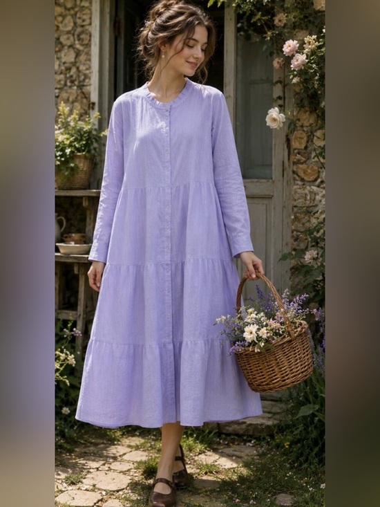 Alex Walk Dresses & Skirts - Alice Walk Lavender Long-Sleeve Linen Tiered Midi Dress | XL